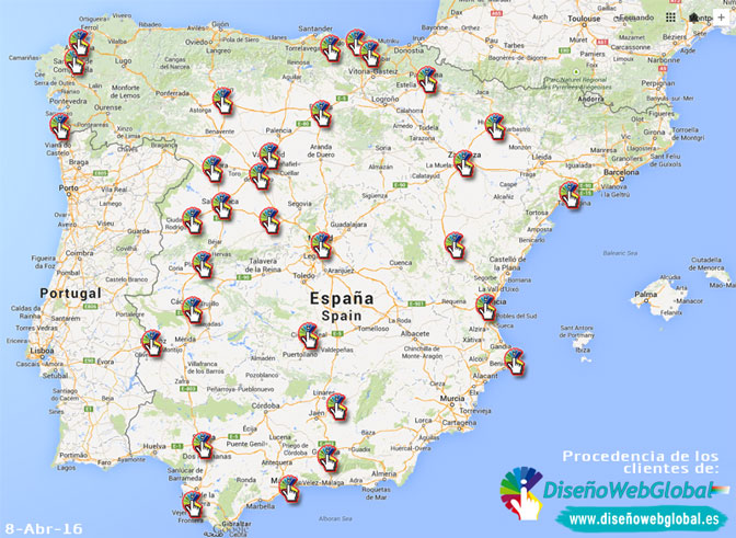 Mapa de España con clientes de Diseño Web Global